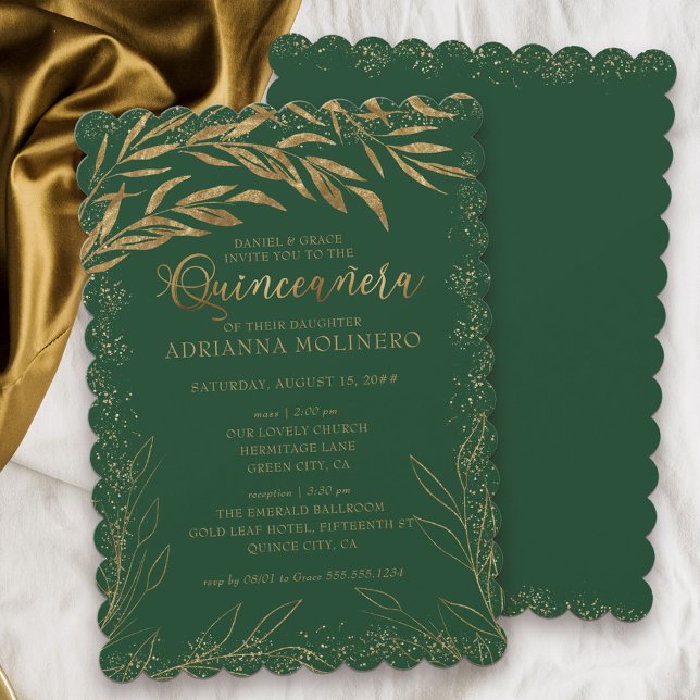 Invitación Quinceanera y hojas de oro y verde esmeralda masiv (Elegant Quinceanera & religious ceremony invitation in emerald green from my Gold Leaf Collection)