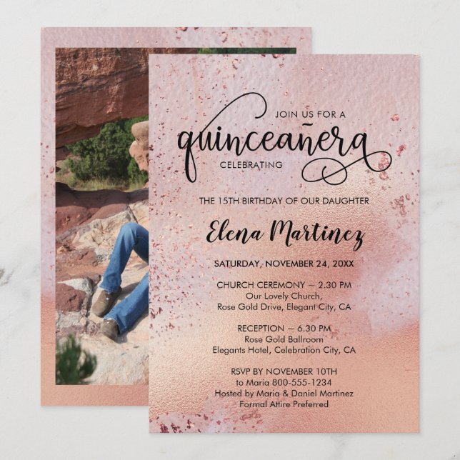 Invitación Quinceanera y Mass Elegant Foto de oro Rosa (Anverso / Reverso)