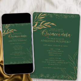 Invitación Quinceanera y Mass Elegant Green y Gold Leaf