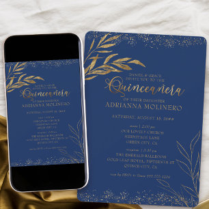 Invitación Quinceañera y Misa Azul Real y Hoja Dorada
