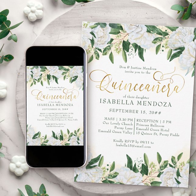 Invitación Quinceanera y misa de la peonía blanca verde esmer (Quinceanera Invite with Church Blessing from my Emerald Greenery and White Peony Collection)