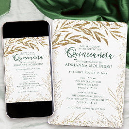 Invitación Quinceanera y misa elegancia hojas verdes y dorada