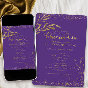 Invitación Quinceañera y Misa Elegante Hoja Morada y Dorada