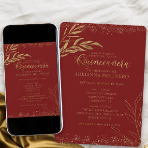 Invitación Quinceañera y Misa Hoja Roja y Dorada