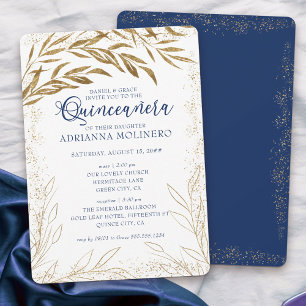 Invitación Quinceañera y Misa Lujo Azul Real Hojas Doradas