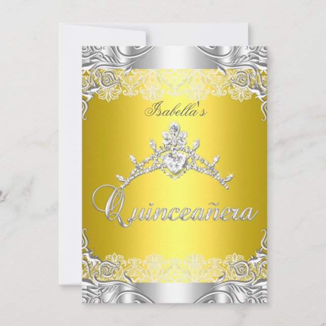 Invitación Quinceanera Yellow Silver Diamante Tiara 15º Fiest (Anverso)