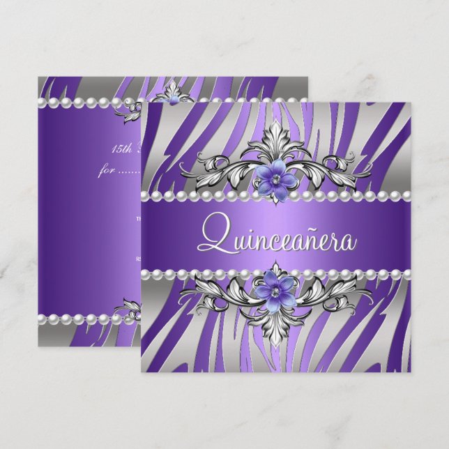Invitación Quinceañera Zebra Púrpura Pearl Silver (Anverso / Reverso)