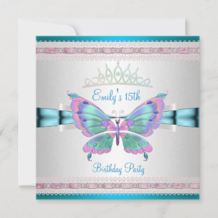 Invitación Quincenera 15º Blanca Azul Turquesa Rosa Mariposa