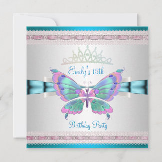 Invitación Quincenera 15º Blanca Azul Turquesa Rosa Mariposa