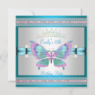 Invitación Quincenera 15º Blanca Azul Turquesa Rosa Mariposa