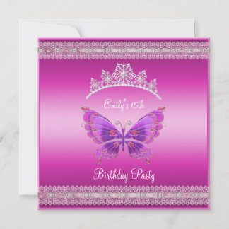 Invitación Quincenera 15º Fushia Rosa Tiara de Plata Mariposa