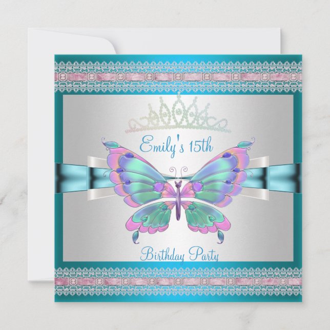 Invitación Quincenera 15.ª Mariposa Rosa Azul Verde azulada B (Anverso)