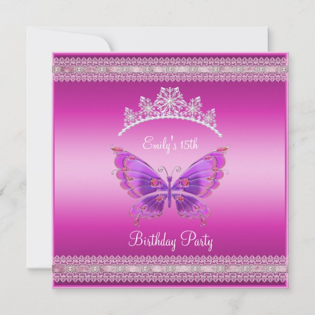 Invitación Quincenera 15.ª Mariposa Tiara Plata Rosa (Anverso)