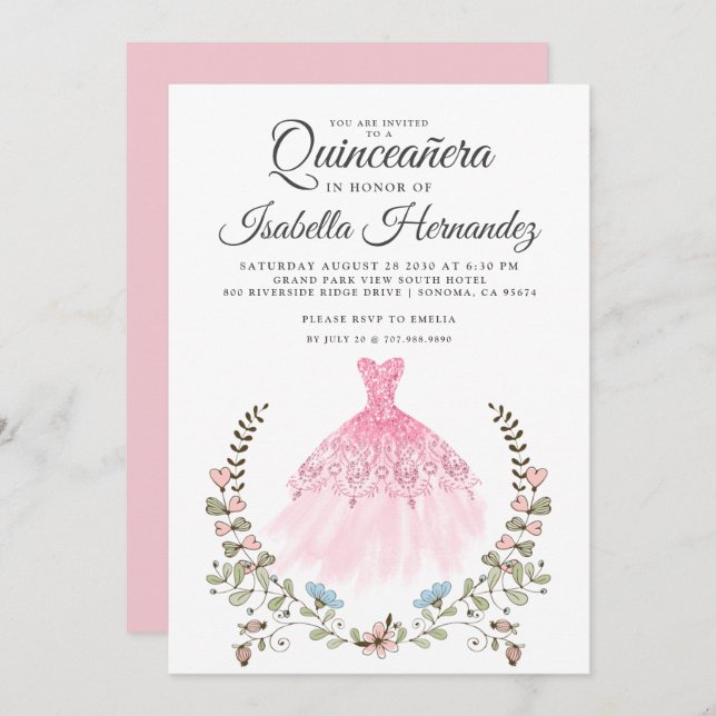 Invitación Quineanera Gown Vestido Floral Rosa (Anverso / Reverso)