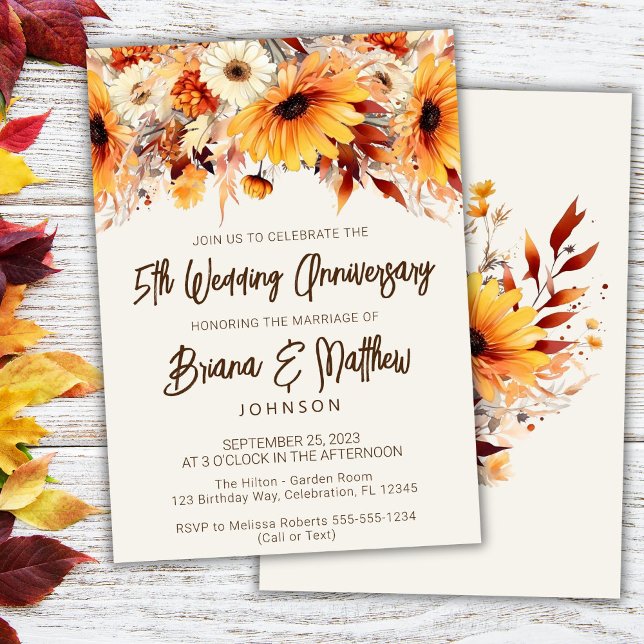 Invitación Quinto Aniversario del Boda de Fall Floral Beige (Subido por el creador)