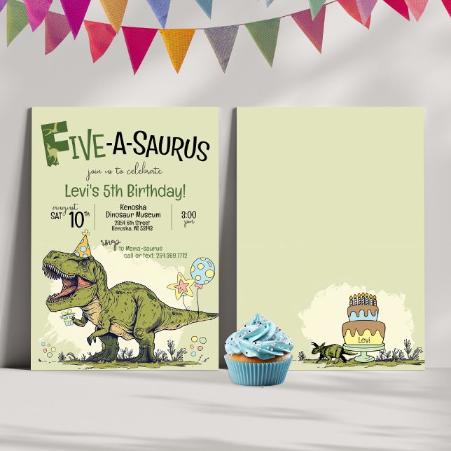 Invitación Quinto cumpleaños de Cute Dinosaur Five-A-Saurus (Cute Dino Cartoon T-Rex Dinosaur theme Five-A-Saurus Fifth 5th birthday party invitation, green, boy)