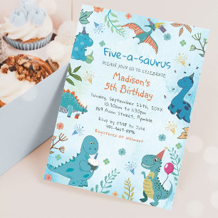 Invitación Quinto cumpleaños de Cute Dinosaur Five-A-Saurus