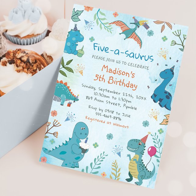 Invitación Quinto cumpleaños de Cute Dinosaur Five-A-Saurus (Subido por el creador)