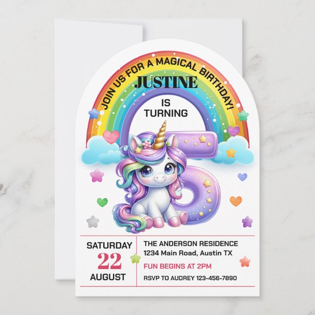 Invitación Quinto cumpleaños de Cute Rainbow y Unicorn (Anverso)