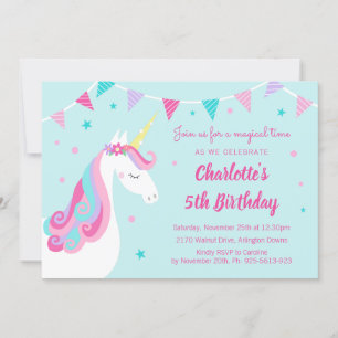 Invitación Quinto cumpleaños de la unicornio arcoíris singula