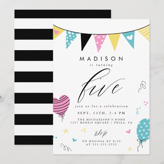 Invitación Quinto cumpleaños | Fiesta de cumpleaños de Cute D (Anverso / Reverso)