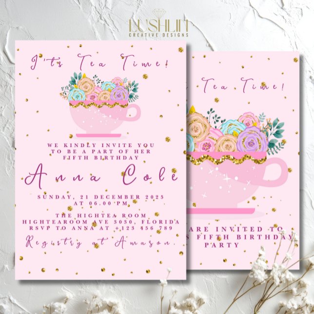 Invitación Quinto cumpleaños Fiesta de té elegante y dulce cu (Subido por el creador)