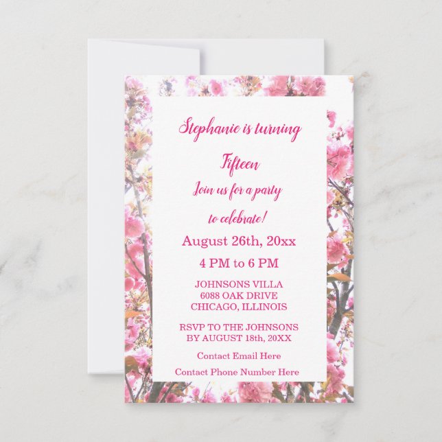 Invitación Quinto cumpleaños Flor de cerezo rosa Quinceanera (Anverso)
