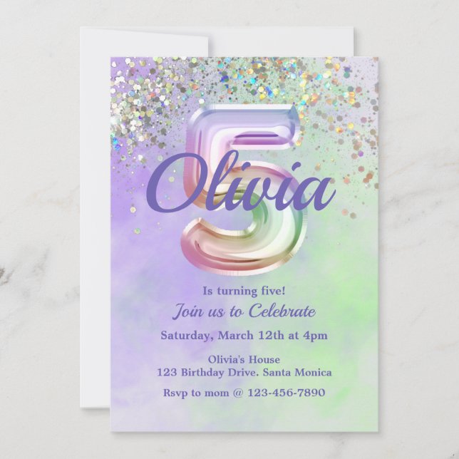 Invitación Quinto cumpleaños, tinte, cinco, Purpurina (Anverso)