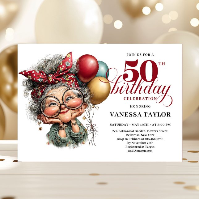 Invitación Quirky 50th birthday lady fun playful invitation (Quirky 50th birthday lady fun playful invitation)