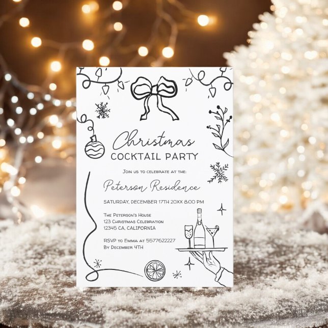 Invitación Quirky blanco ilustracion Navidades Cóctel (Quirky black white illustration Christmas Cocktail Invitation)