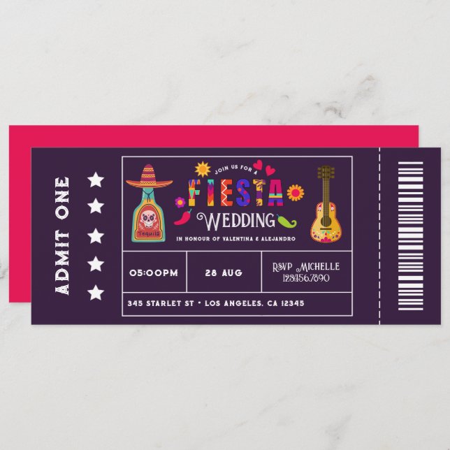 Invitación Quirky Boda al estilo de la entrada de Fiesta Mexi (Anverso / Reverso)