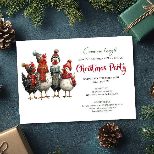 Invitación Quirky Chickens Watercolor Christmas Party Invites (Quirky Chickens Watercolor Christmas Party Editable)