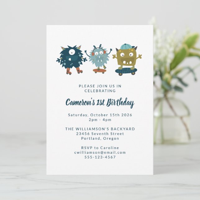 Invitación Quirky Cute Skateboard Monsters 1er Fiesta de cump (Anverso de pie)