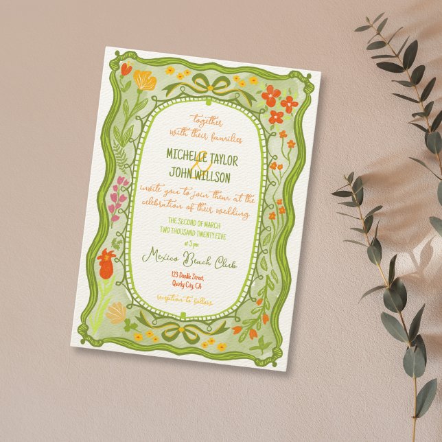 Invitación Quirky Divertido Whimsical Floral Bow Doodle Mano  (hand drawn quirky floral frame in green color)
