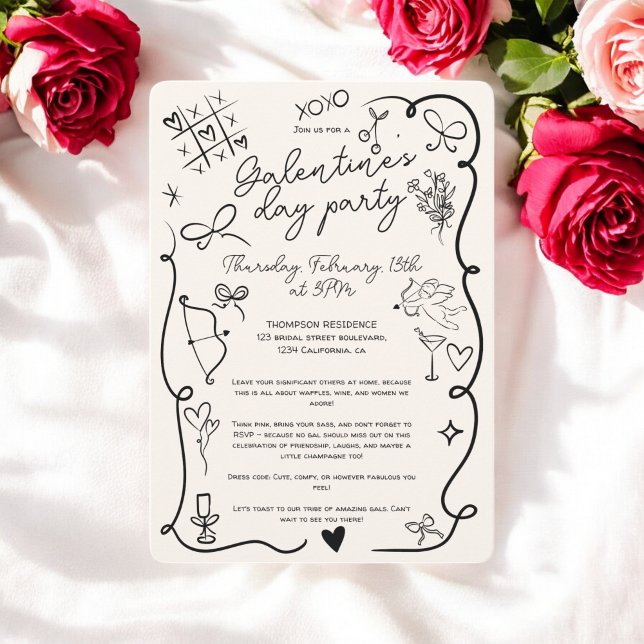 Invitación Quirky Fiesta del Día de Galentine negro retro (Retro black beige Quirky Galentine's Day Party Invitation)