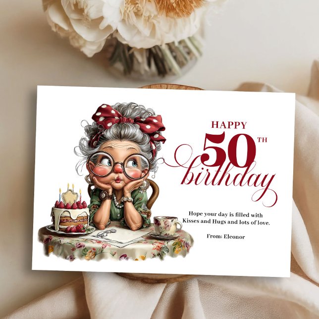 Invitación Quirky fun 50 lady greeting whimsical birthday (Quirky fun 50 lady greeting whimsical birthday)