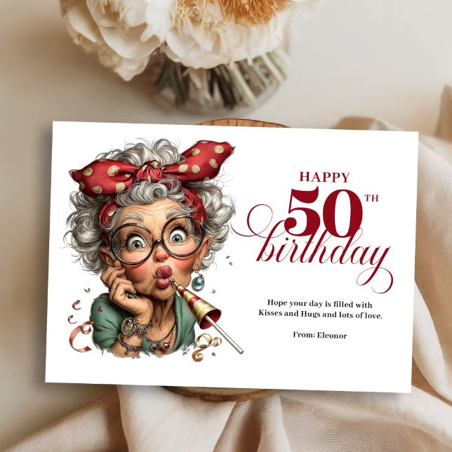 Invitación Quirky Funny Lady 50th Birthday Humor Cartoon Card (Quirky Funny Lady 50th Birthday Humor Cartoon Greeting Card)