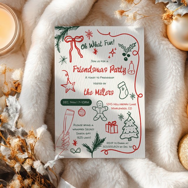 Invitación Quirky Illustrated Red Green Friendsmas Christmas (Quirky Illustrated Red Green Friendsmas Christmas Invitation)