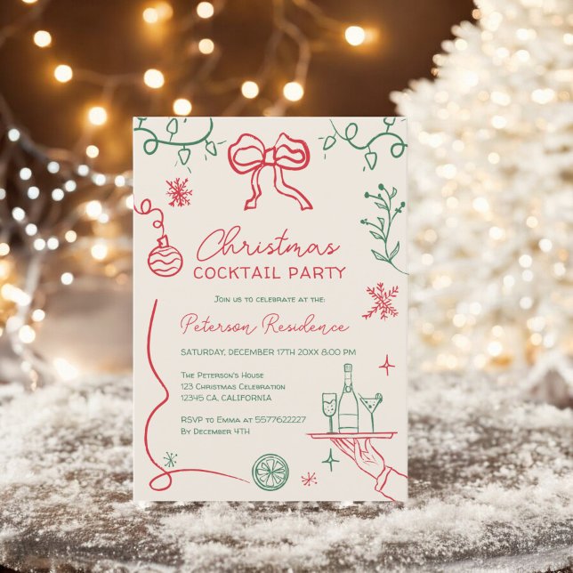 Invitación Quirky ilustracion verde Navidad Cocktail (Quirky red green illustration Christmas Cocktail Invitation)
