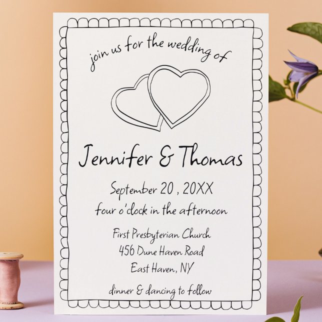 Invitación Quirky Mano caprichosa Boda del corazón (quirky hand drawn funky whimsical handwritten wedding invitation modern black and white hearts cute)