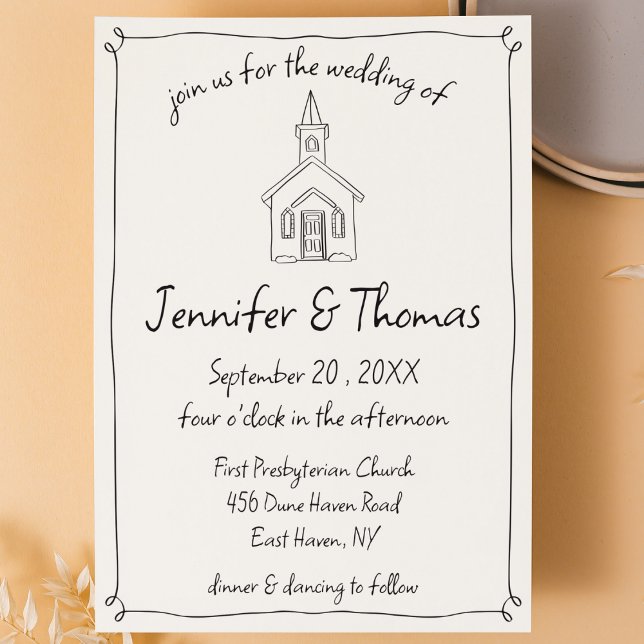 Invitación Quirky mano caprichosa dibujó Boda de doodle de la (quirky hand drawn doodle scribble invitation church chapel black and white whimsical wedding invite)