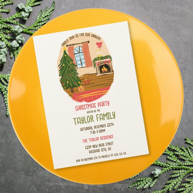Invitación Quirky mano caprichosa Navidades Fiesta de cena (whimsical christmas decorated cosy room dinner party invitation)