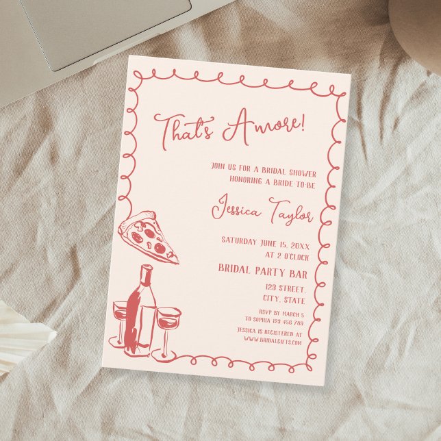 Invitación Quirky Mano Roja desató brunch de novias que es má (red hand drawn wine bottle and pizza slice bridal shower invitation)
