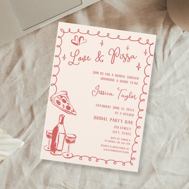 Invitación Quirky Mano Roja dibujó Brunch de novia amor y piz ("love and pizza" text and quirky hand drawn pizza and vino, red on blush pink)