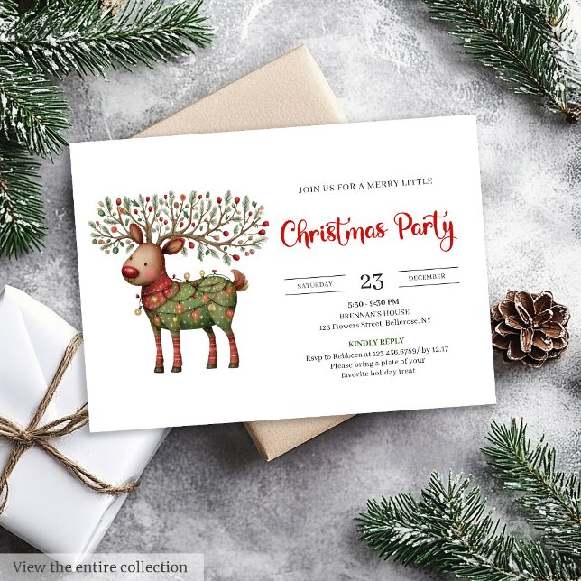 Invitación Quirky Reindeer watercolor red green Christmas  (Quirky Reindeer watercolor red green Christmas invite)