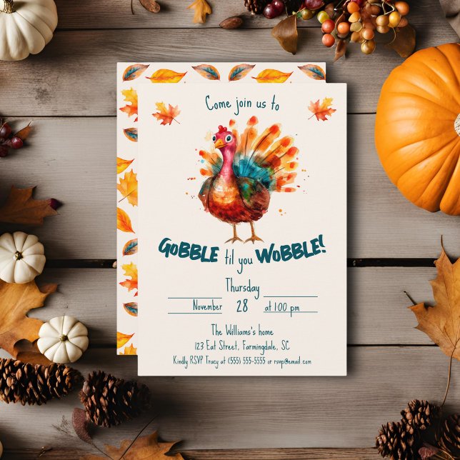 Invitación Quirky Watercolor Turquía Acción de Gracias (Gobble til you Wobble Thanksgiving invitation)