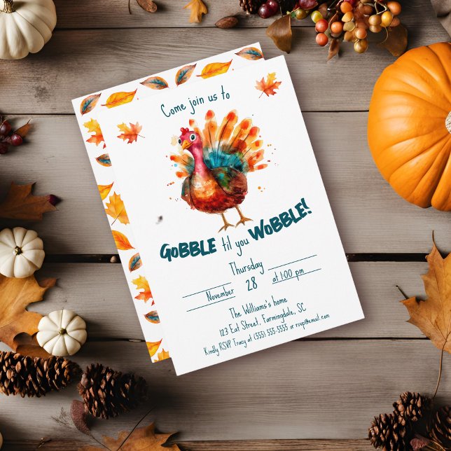 Invitación Quirky Watercolor Turquía Acción de Gracias (Watercolor "Gobble til you Wobble" invitation with fall leaves and white background)