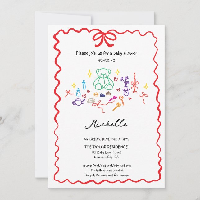 Invitación Quirky Whimsical Mano dibujada Doodle Baby Shower (Anverso)