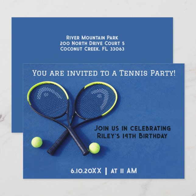 Invitación Quisquetas azules de fiesta de cumpleaños y tenis  (Anverso / Reverso)