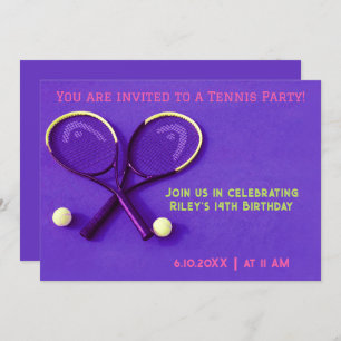 Invitación Quisquetas moradas de fiesta de cumpleaños y tenis